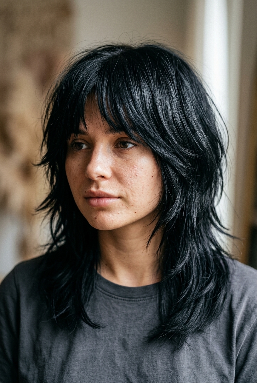 Jet Black Shag 2026: Bold & Edgy shoulder-length shag haircut with jet black & blue undertones, razored layers, face-framing layers — edgy dramatic look