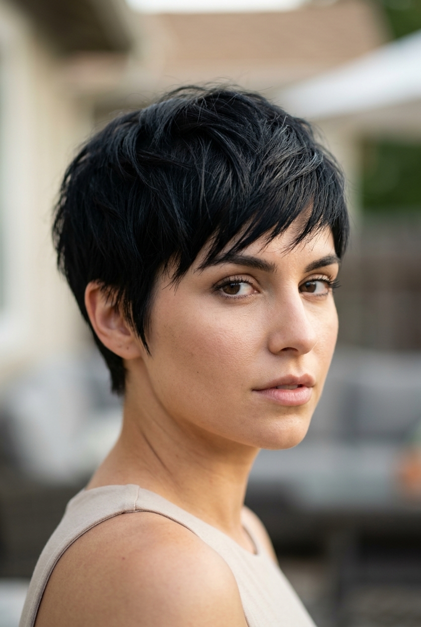 very short pixie haircut in jet black with blue-black undertones, sculpted piecey texture, short choppy fringe — bold modern look