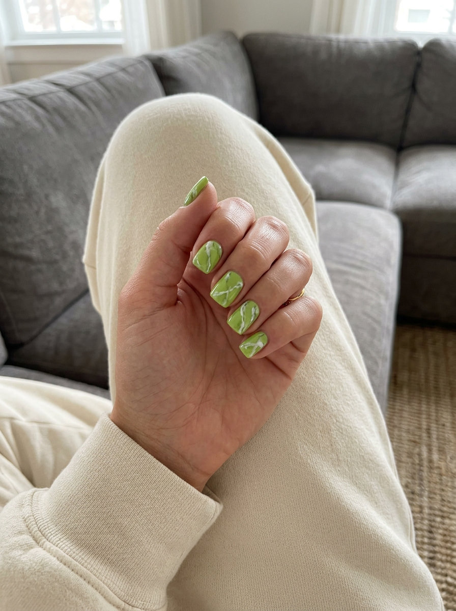 Artistic lime green and white marble coffin nails for sophisticated summer 2026 events.