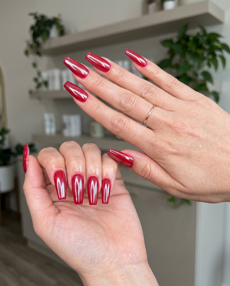 Cherry Red Glazed Donut Nails: Glamorous opaque red with iridescent pearl shift on long coffin nails for summer 2026.