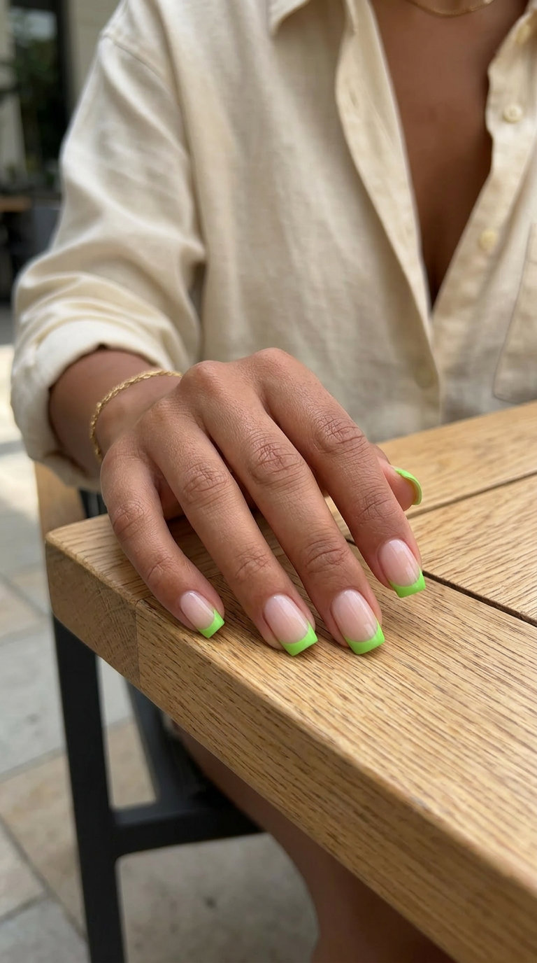 Matte Lime French Nails: Sophisticated sheer nude with matte lime green tips on short square nails for summer 2026.