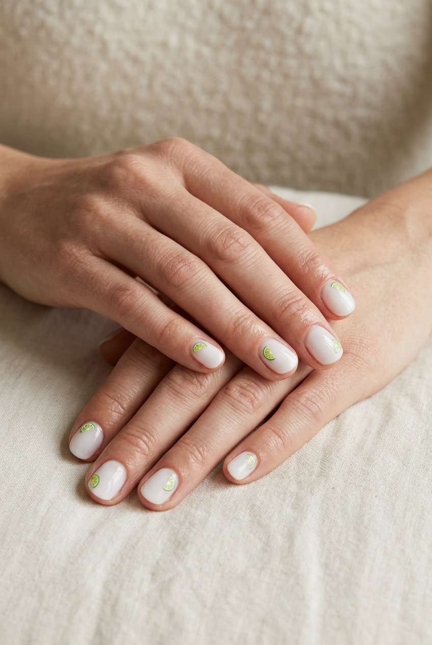 Minimalist sheer white nails with tiny lime slice decals for casual summer 2026 looks.