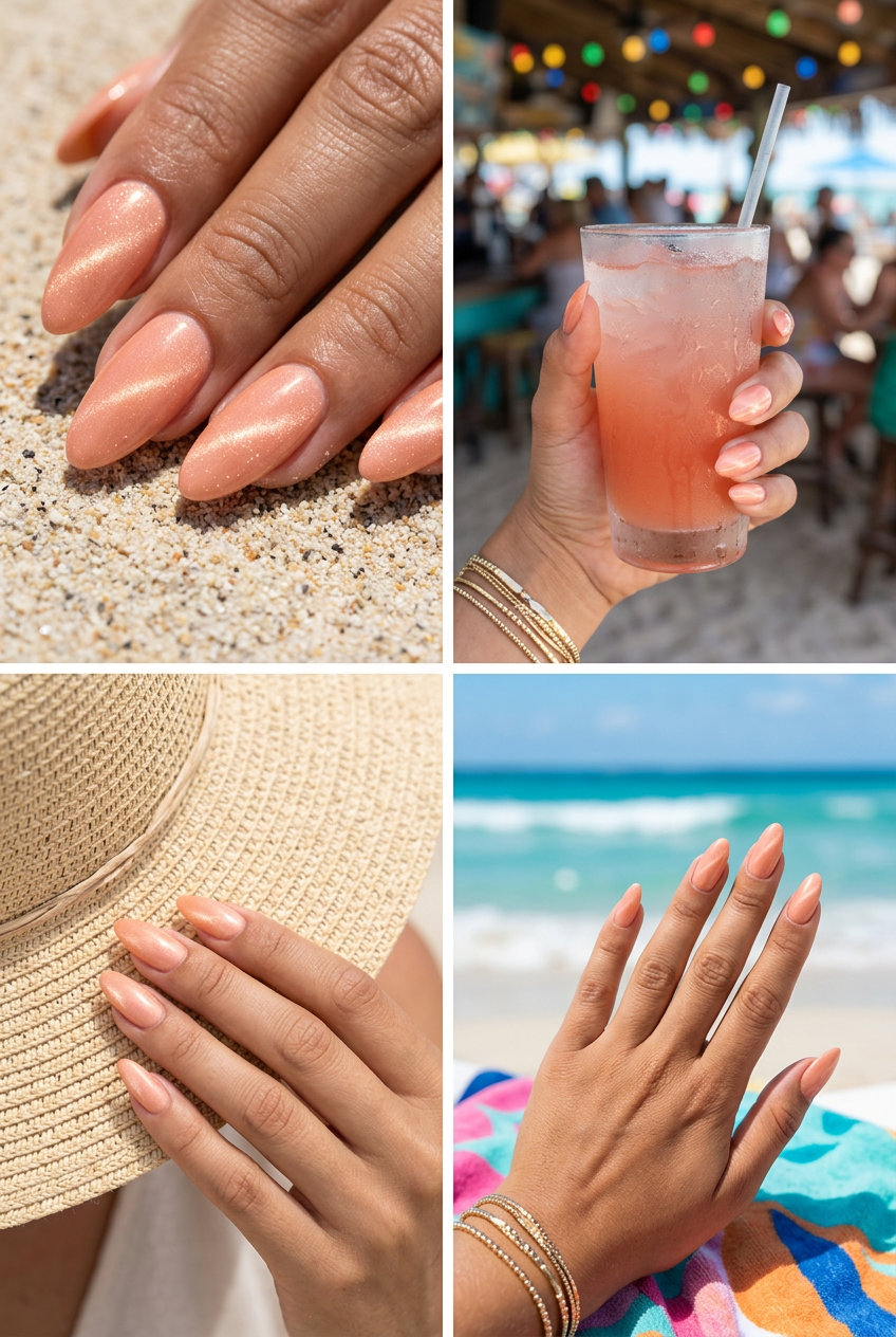 Peach fuzz cat-eye nails with iridescent undertones for summer vacation & evening events. Glamorous June nails 2026.