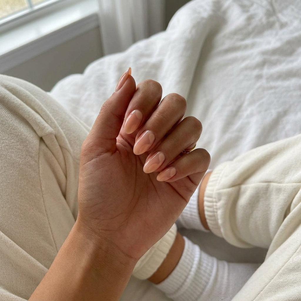 Sheer peach fuzz negative space nails for daily wear & casual chic. Minimalist June nails 2026.