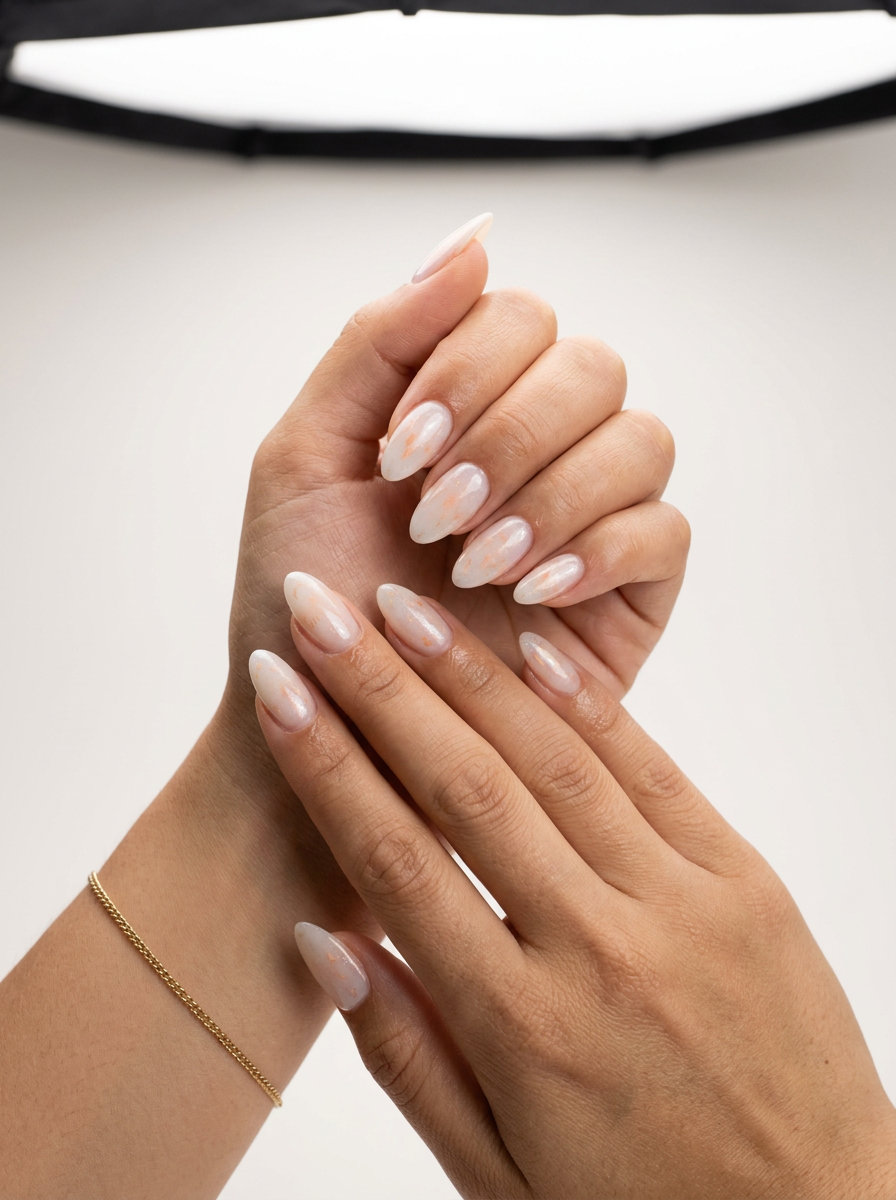 Subtle Peach Milk Bath Nails: Ethereal milky white with peach flecks and shimmer on medium almond nails for summer 2026.