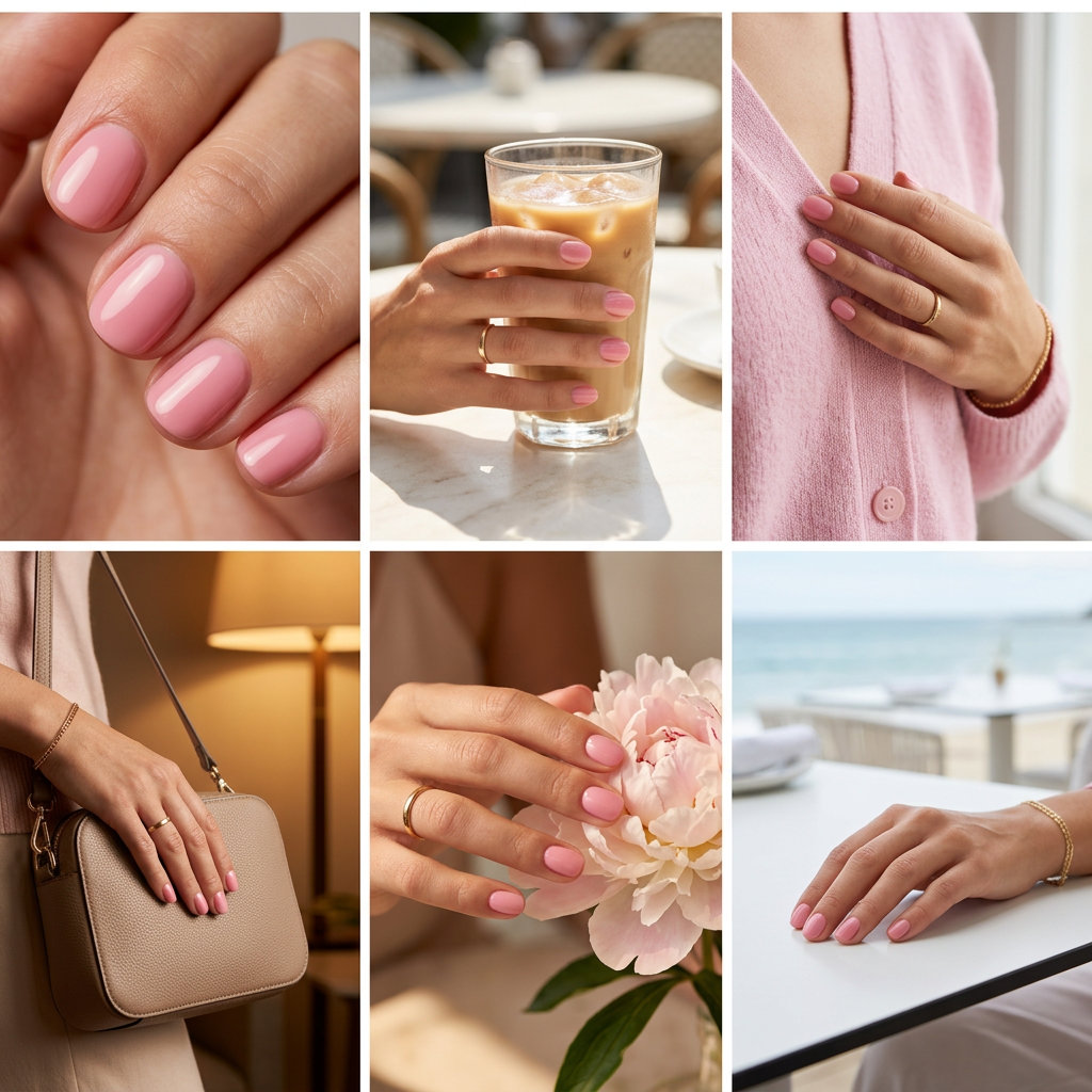 Clean-girl strawberry milk pink builder gel almond nails for polished summer 2026 looks.