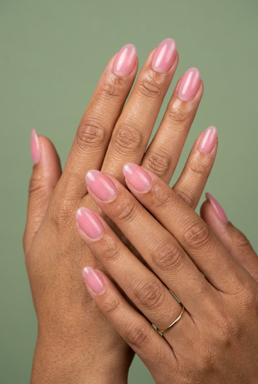 Strawberry Milk Jelly Nails: Sweet, sheer pink jelly polish on short almond nails for summer 2026 vacations.