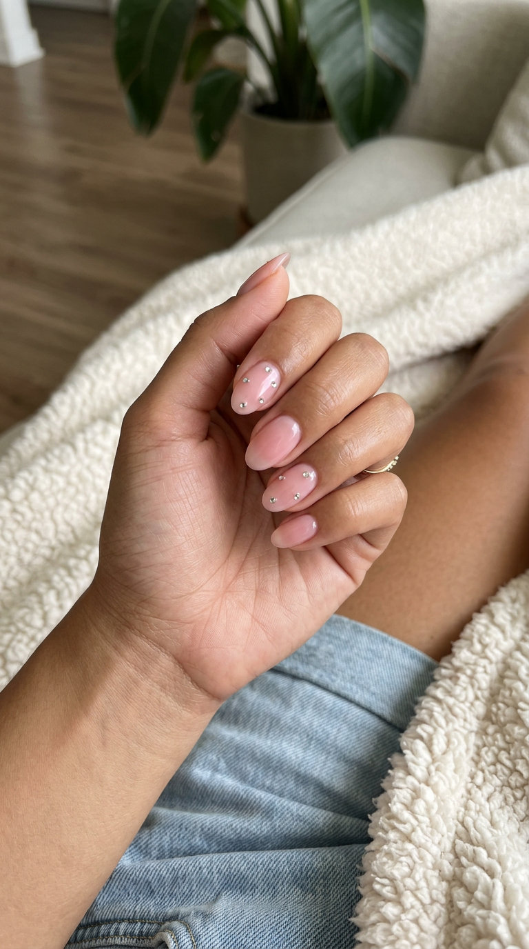 Strawberry Milk Rhinestone Nails: Romantic sheer pink jelly with scattered rhinestones, perfect for summer 2026 date nights.