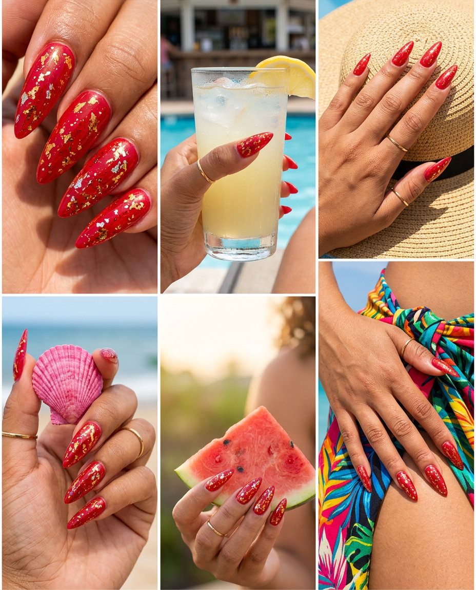 Textured fiery cherry red nails with metallic foil flakes for bold summer 2026 nights.