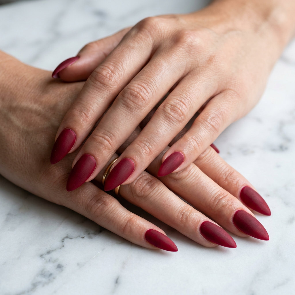 Edgy velvet matte cherry red stiletto nails for glamorous summer 2026 nights out.