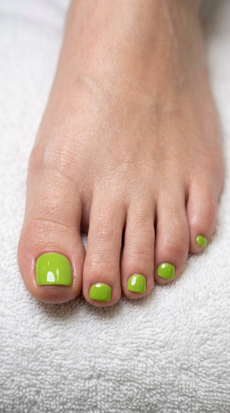 Zesty lime green solid round toenails, a playful choice for June toe nails ideas & summer 2026.