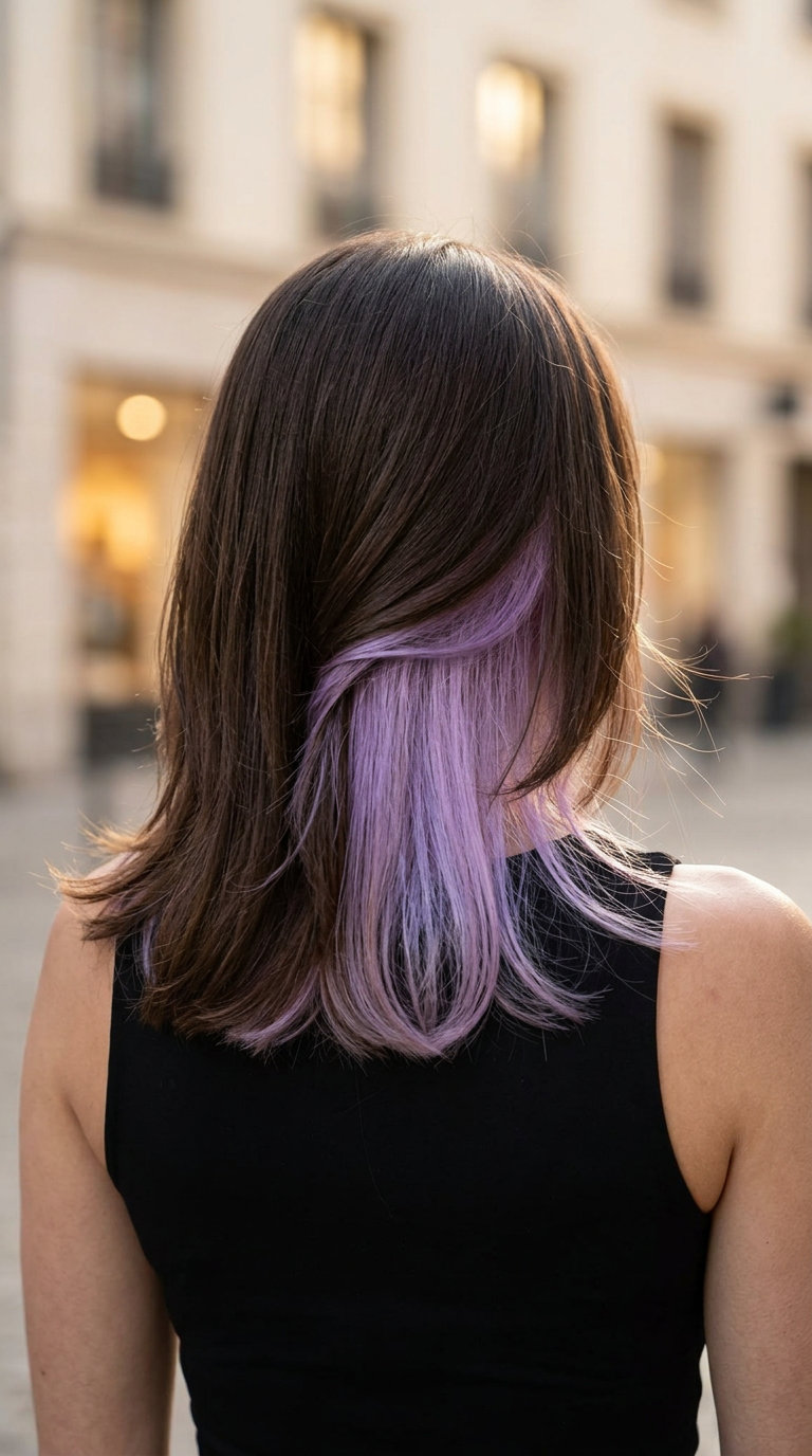 long layered hair with cyber-pastel lavender peekaboo and natural brunette base for summer