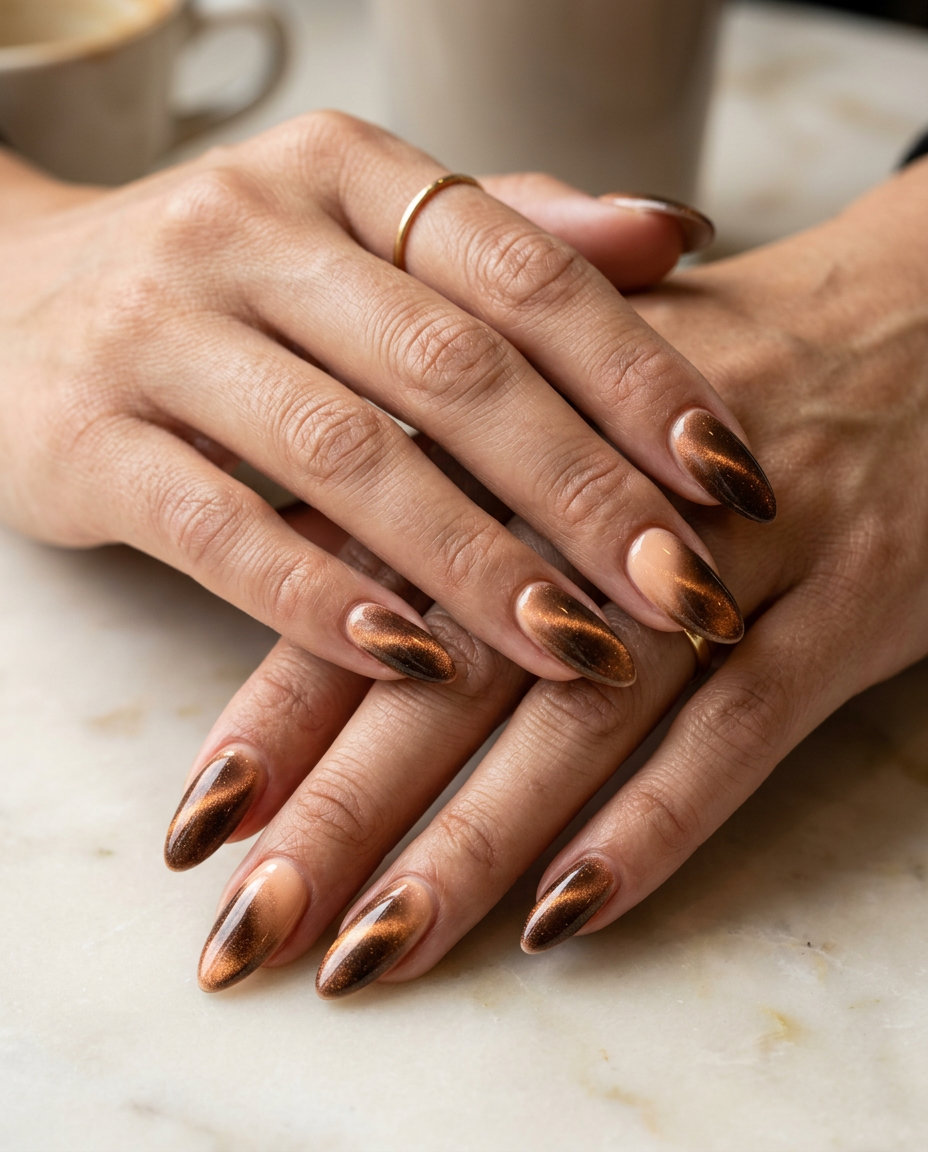 Apricot Velvet Dream nails: pale peach with bronze cat-eye effect. Perfect for date night & romantic dinners. Light summer nails 2026.