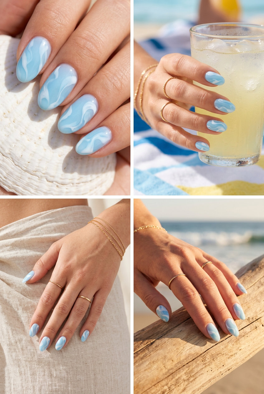 Aqua water marble dream nails for light summer nails 2026. Bohemian vacation relaxed style.