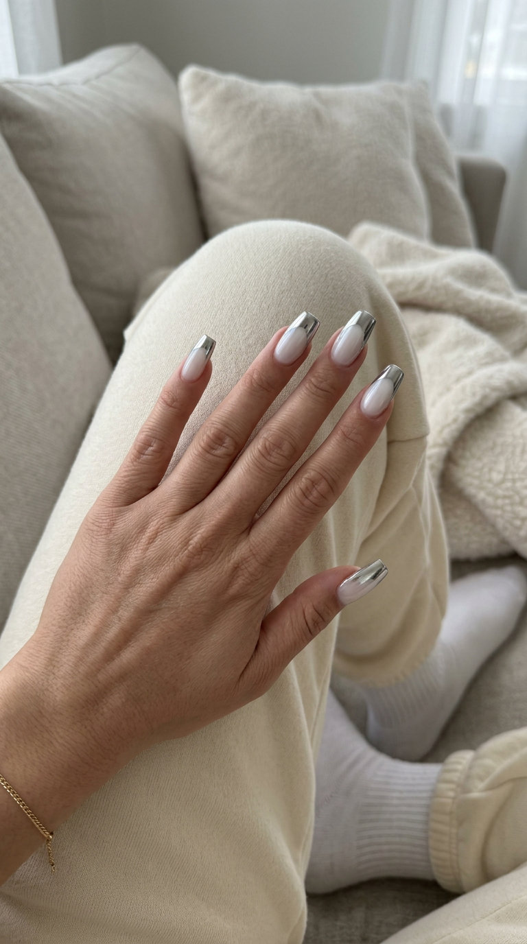 Cyberpunk Flare Chrome Tips nails: nude base with mirror silver chrome. Edgy for parties & concerts. Light summer nails 2026.