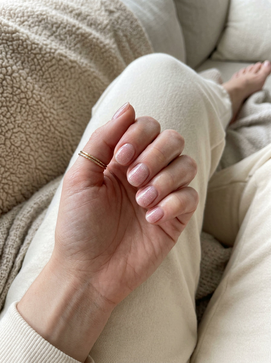 Fairy Dust Pink Sparkle nails: sheer pink jelly with iridescent micro-glitter. Whimsical for festivals & summer days. Light summer nails 2026.