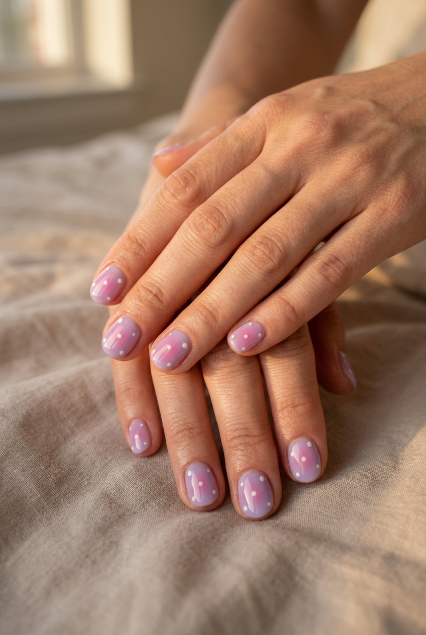Lavender Aura Dots nails for light summer nails 2026. Whimsical sheer lavender with pink aura and white dots for casual outings.