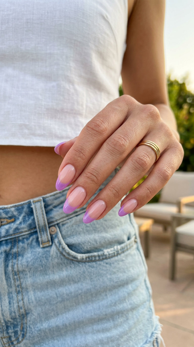 Lavender jelly French tip nails for light summer nails 2026. Playful date night summer event.