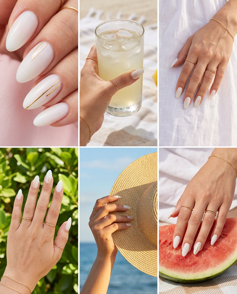 Artful Milky Canvas nails: opaque white with delicate gold decals. Sophisticated for weddings & special events. Light summer nails 2026.