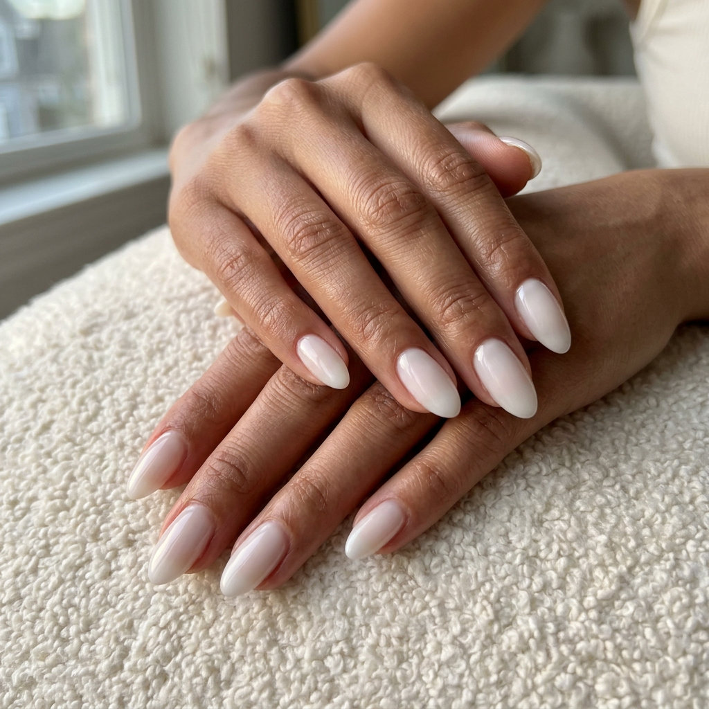 Milky white almond sheer glaze nails for light summer nails 2026. Elegant bridal and daily wear.