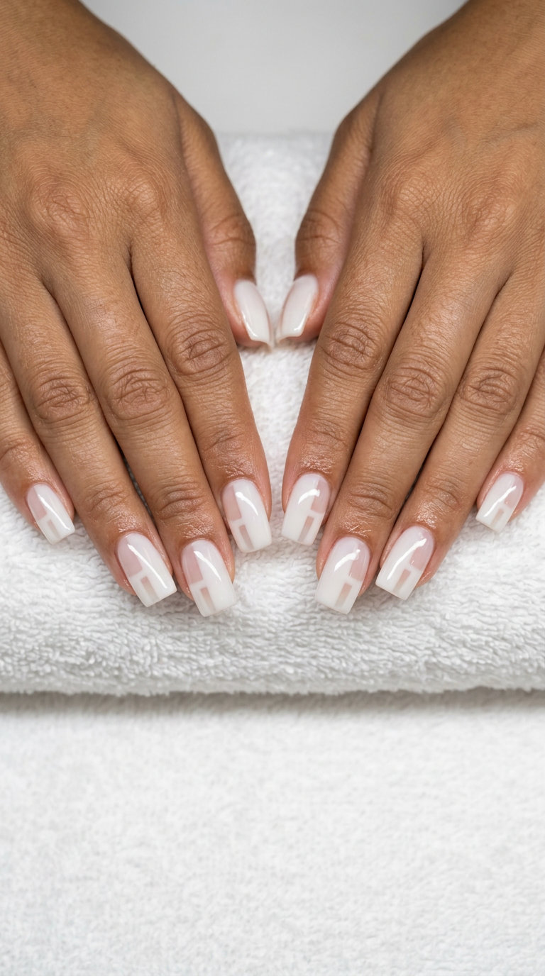 Modern Milky Negative Space nails for light summer nails 2026. Opaque white and clear design for office or daily wear.