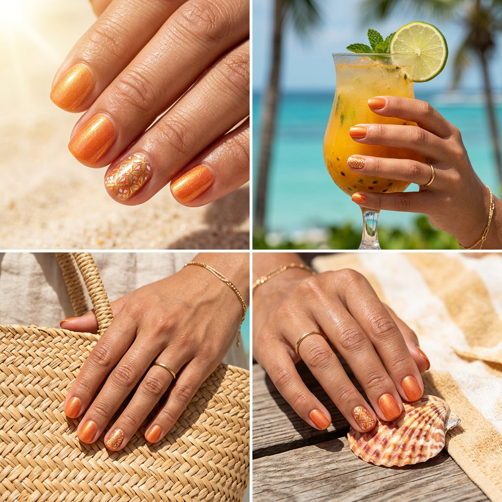 Peachy Aurora Cloud nails: pale peach with iridescent pink/gold/green shimmer. Dreamy for vacation & resort wear. Light summer nails 2026.