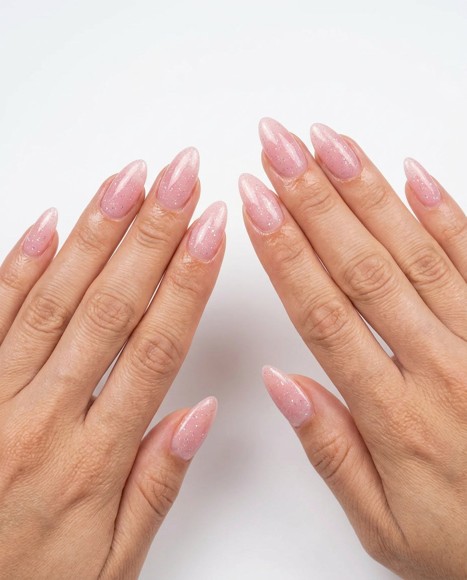 Sparkling Pink Sheer Dewdrop nails: sheer pink with iridescent micro-glitter. Glamorous for date nights & weddings. Light summer nails 2026.