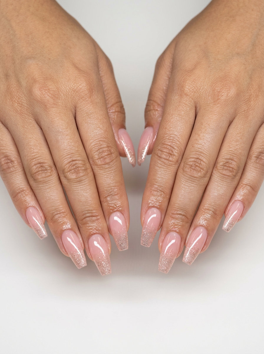 Sheer Pink Glitter Fade nails for light summer nails 2026. Romantic and glamorous with iridescent glitter for parties.