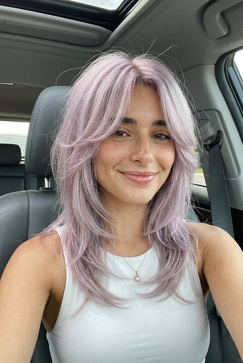 Lilac Haze Wolf Cut 2026 medium lilac haze wolf cut with silvery undertones, wispy layers, whimsical mood