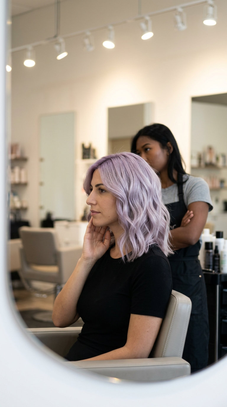 Ethereal Lilac Wave Lob 2026 medium lob haircut with muted lilac pastel, lavender root smudge, face-framing pieces for summer