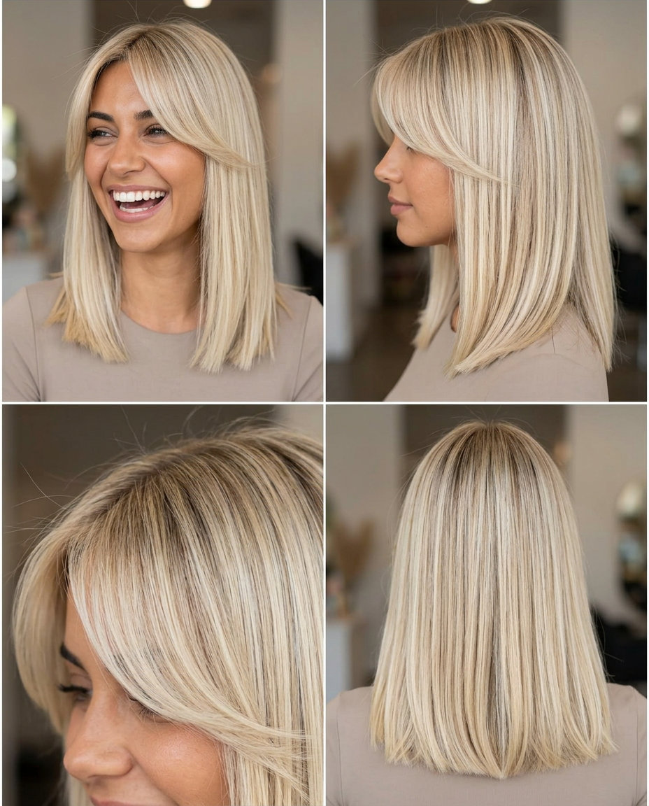 60s Mod Flicked Bangs 2026 collarbone length blunt cut in linen blonde with vanilla root shadow, side-swept bangs with outward flick for retro style — playful
