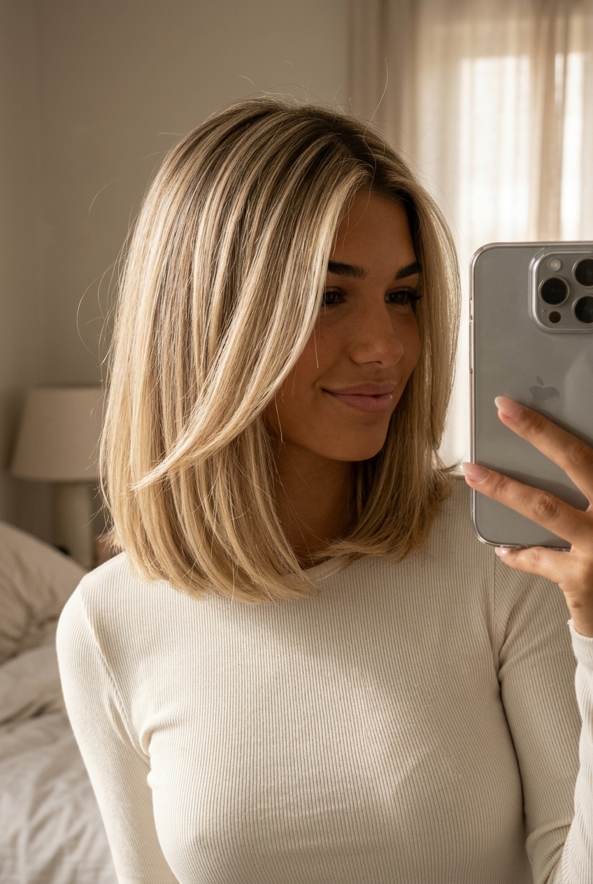 Sunkissed Contour Lob: Haircut 2026 collarbone-length linen blonde lob with buttercream highlights and face-framing layers for summer