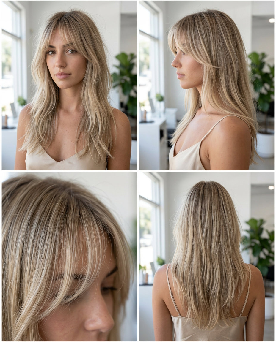 long textured haircut with linen blonde & ash root smudge, wispy Birkin bangs for bohemian playfulness