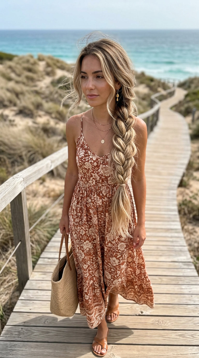 long linen blonde side braid with subtle highlights for beach day