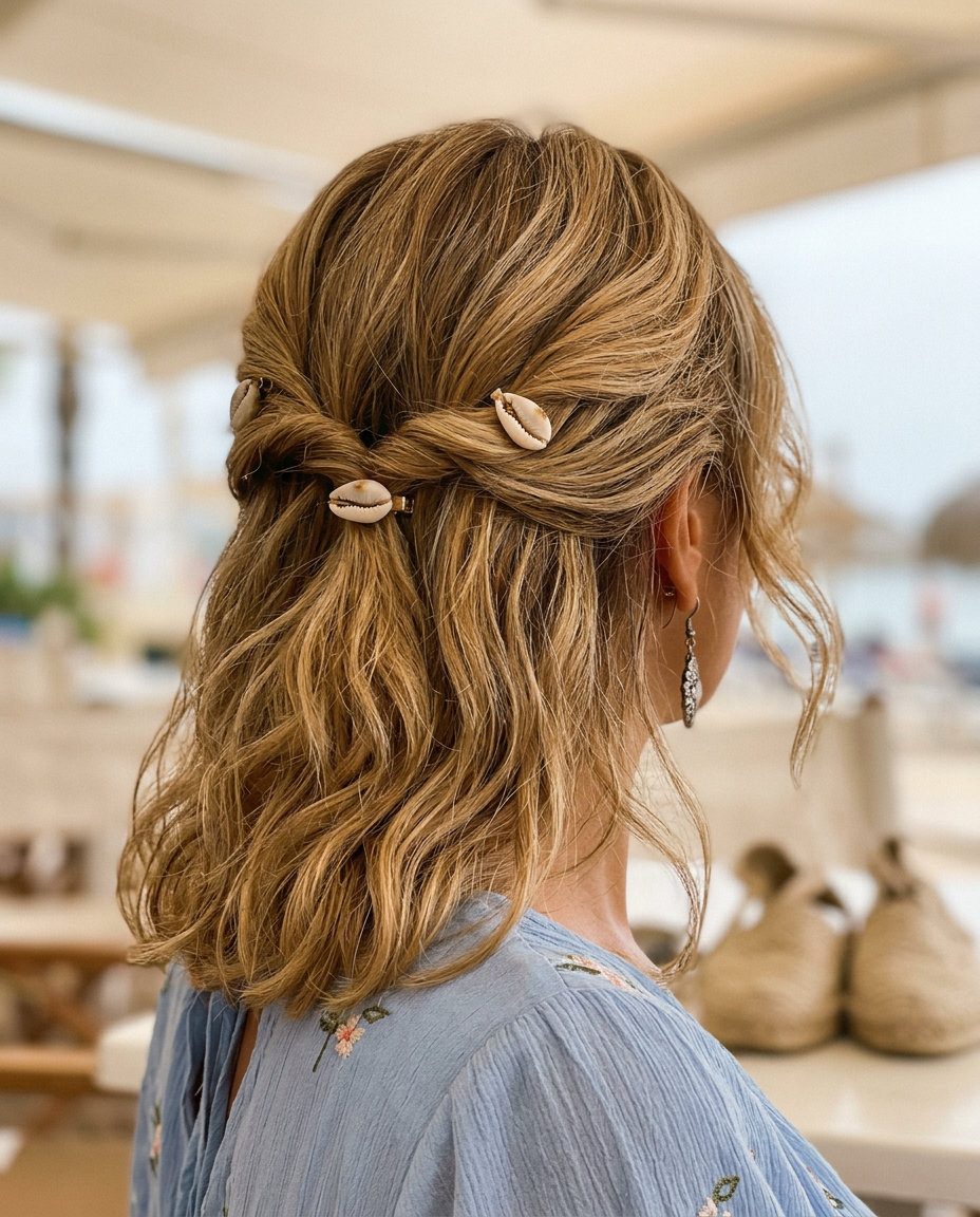 Fun Summer Hairstyles 2026: Linen Blonde Half-Up Twist long linen blonde half-up twist with golden highlights, shell clips, face-framing pieces — playful summer hairstyle 2026