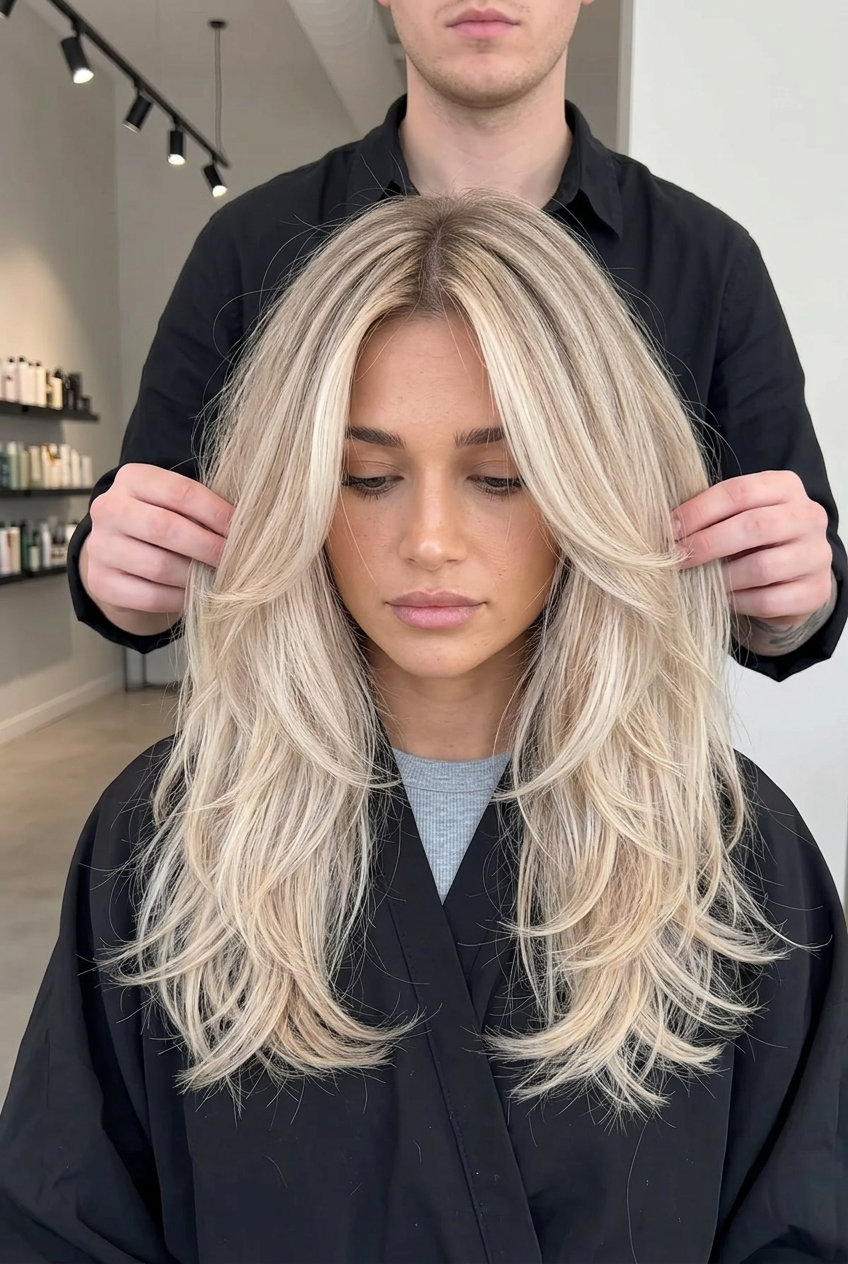 long textured haircut with linen blonde & ash root smudge, razor-cut layers for bohemian playfulness