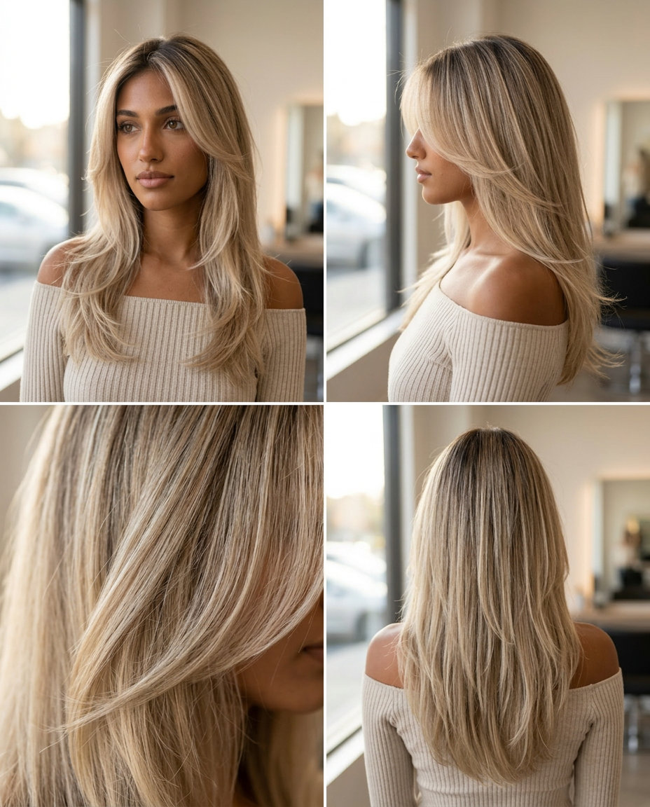 long textured haircut with linen blonde, pearl highlights, and ash root smudge for ethereal romance