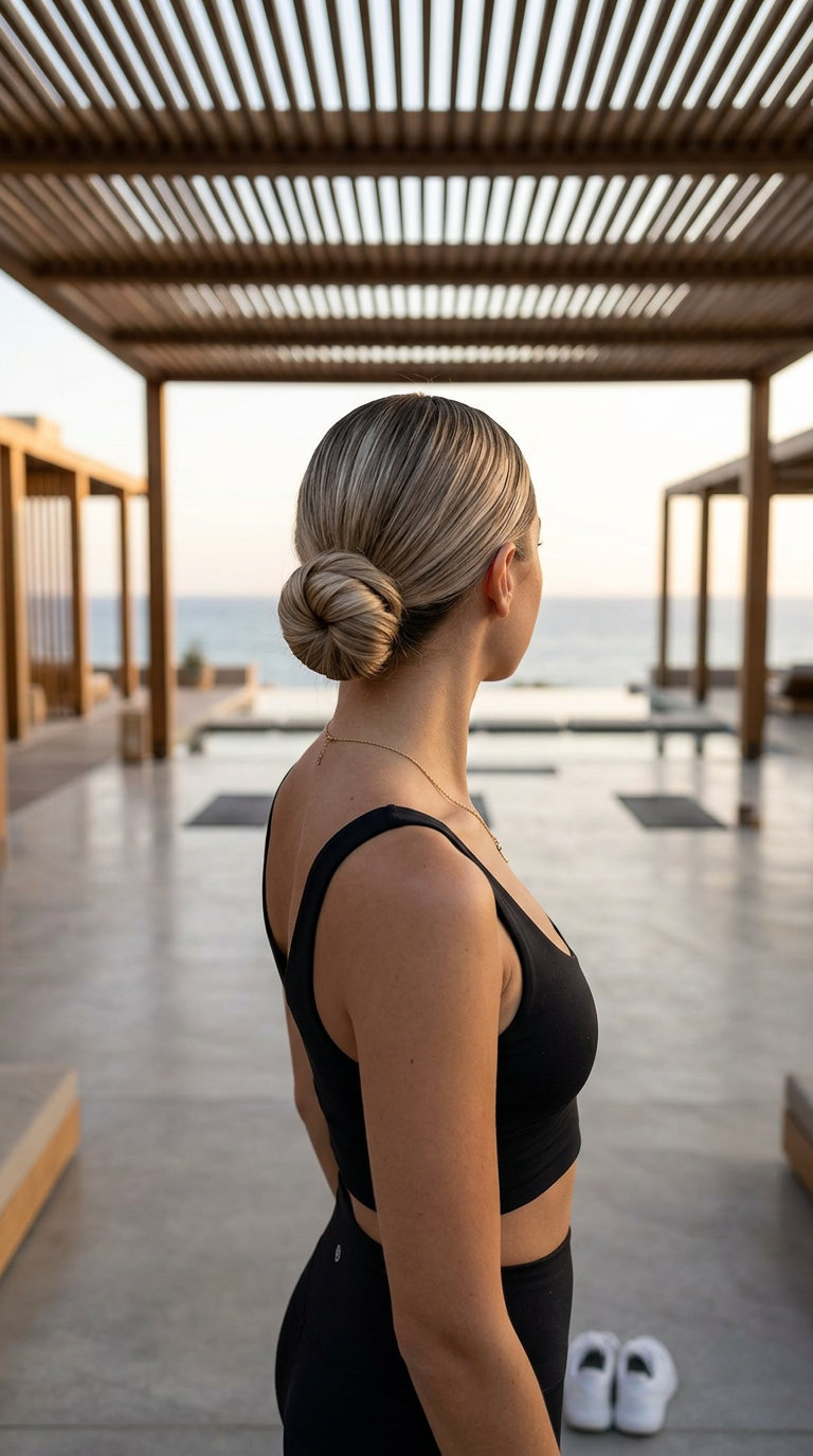 long linen blonde hair in a slicked low bun with a center part for professional events