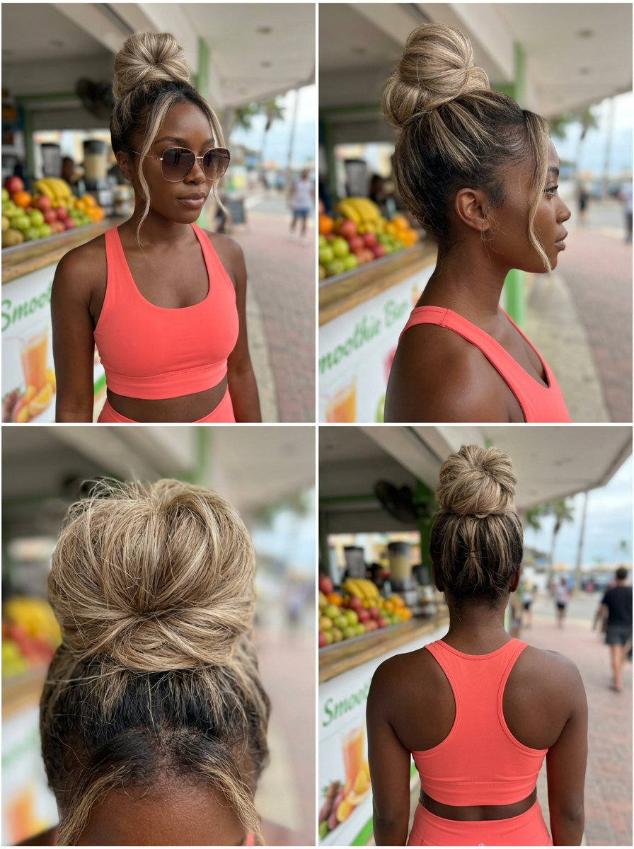 long messy top knot with linen blonde color, textured and relaxed — playful, effortless