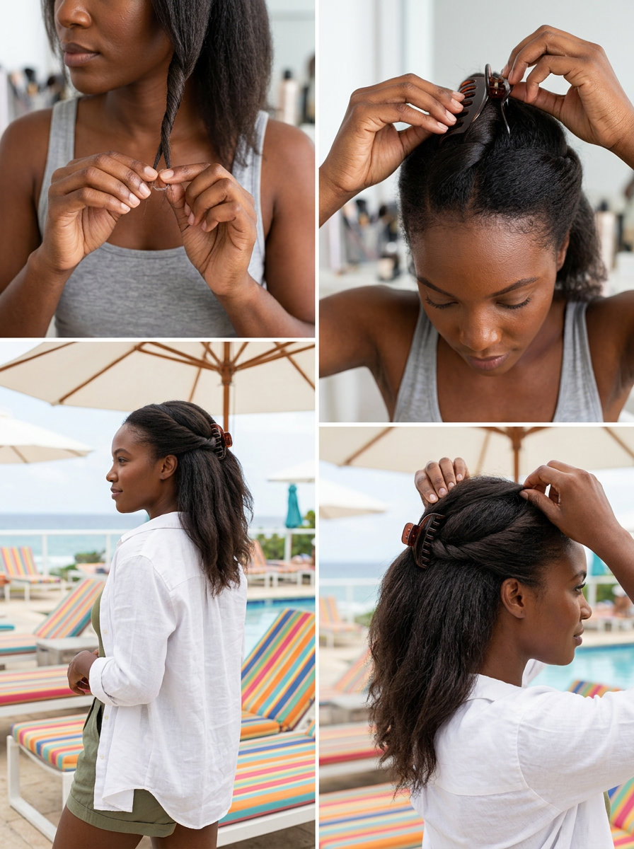 medium linen blonde half-up twist with claw clip for casual summer chic