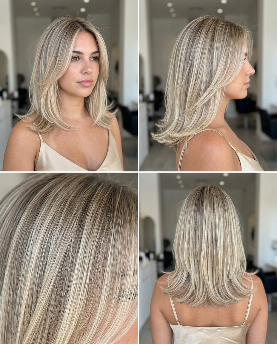 Y2K Midi-Flick: Mid-Length Haircut 2026 mid-length linen blonde haircut with ash root smudge and outward flick for summer