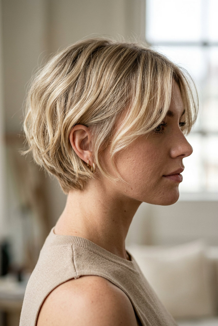 short linen blonde bixie with soft waves and face-framing layers for romantic chic