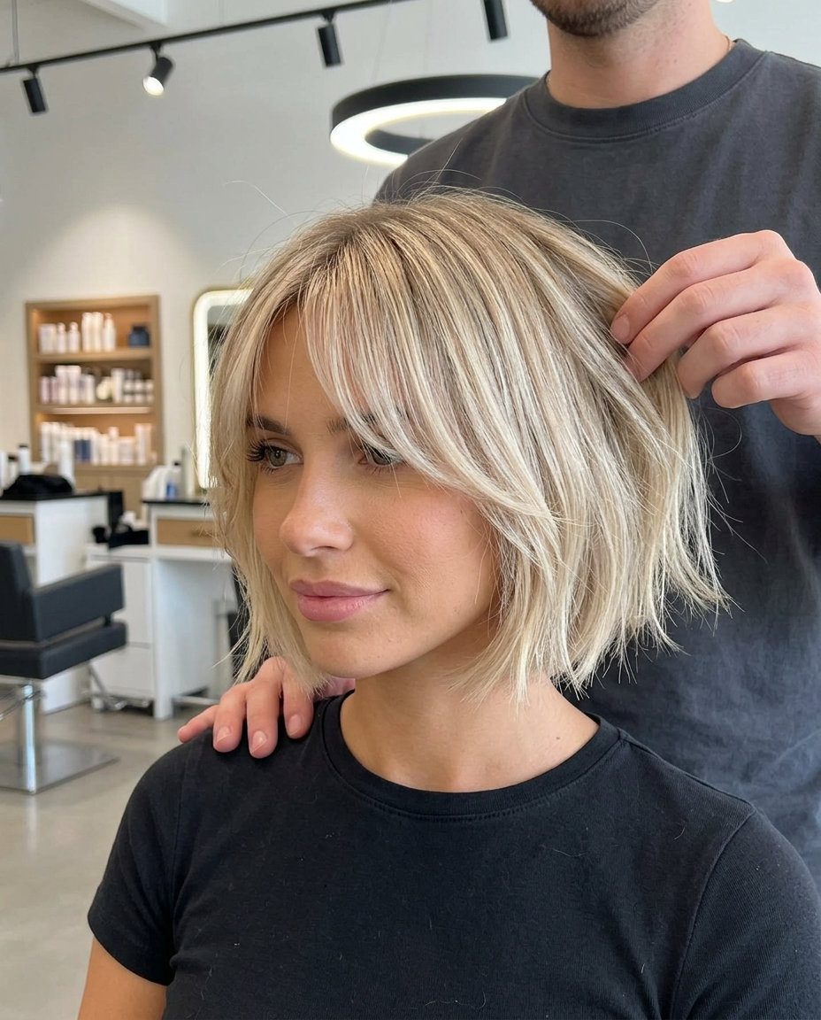 short french bob haircut with linen blonde, babylights, bottleneck fringe — playful & modern