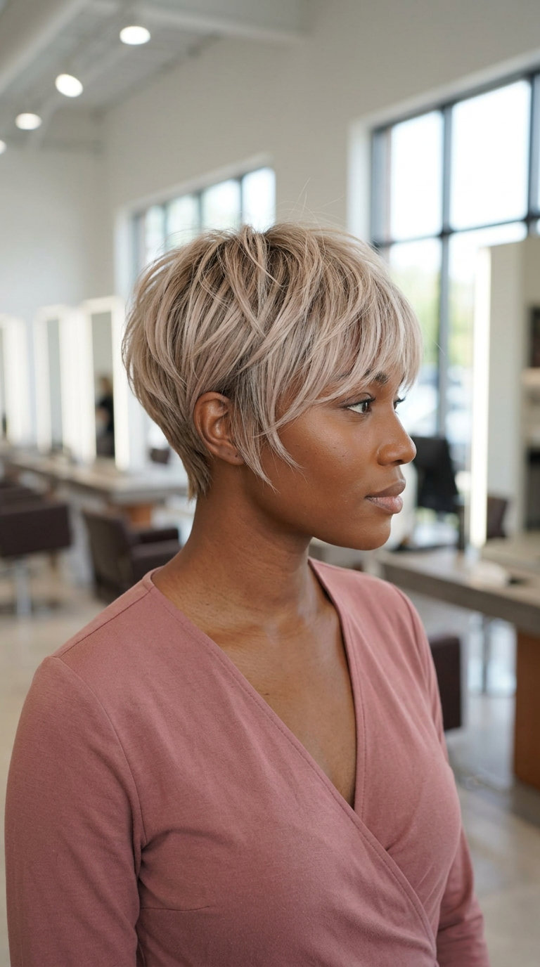 Fresh Summer Pixie Haircut for Round Faces 2026 short linen blonde pixie haircut with razored layers and side-swept bangs for summer
