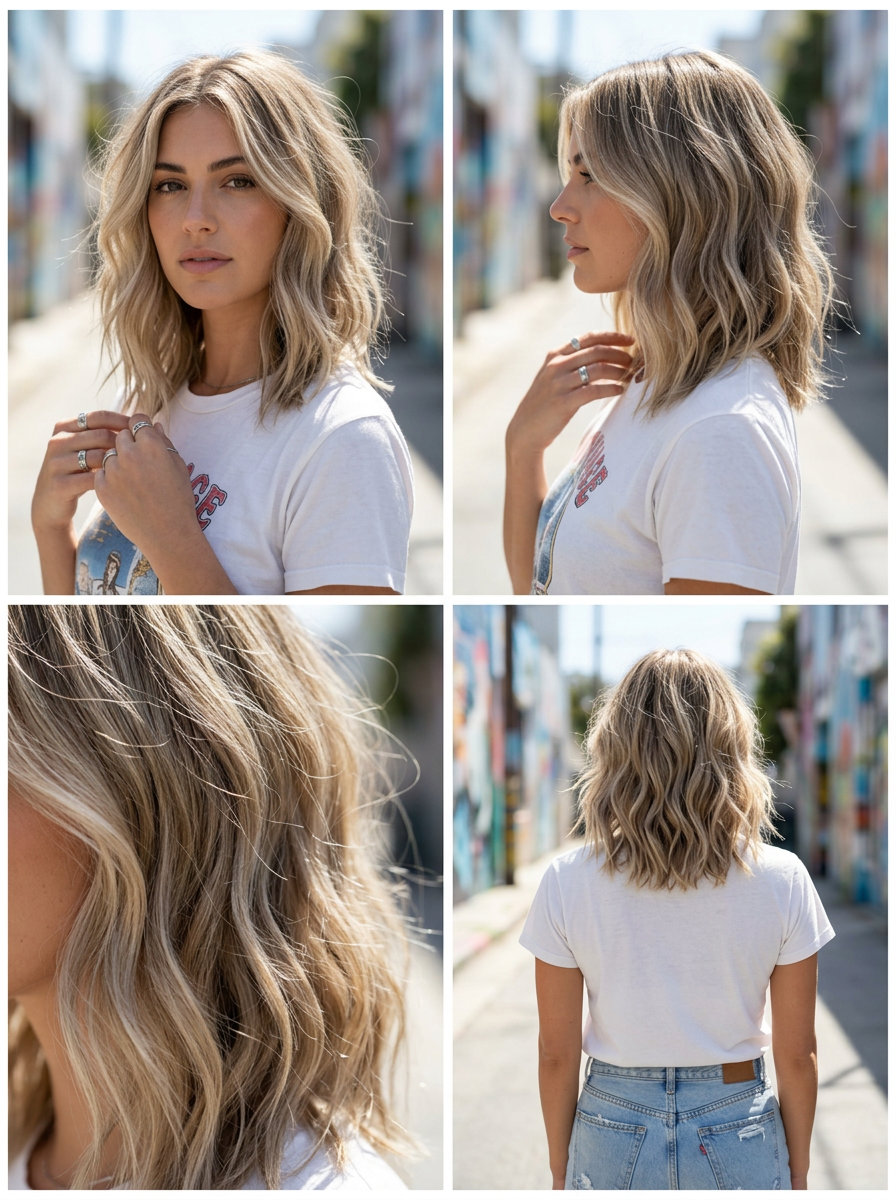 shoulder-length muted linen blonde lob with effortless textured waves and piecey definition for summer
