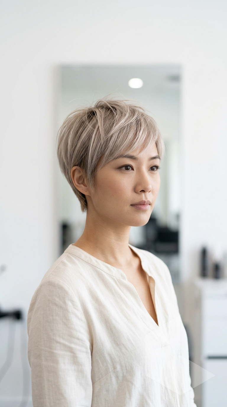 very short linen blonde pixie crop haircut with beige blonde and ash undertones, babylights, and root smudge — chic