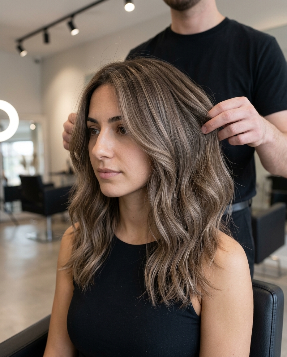 medium wavy haircut in linen brown with beige babylights and choppy layers — effortless weekend style