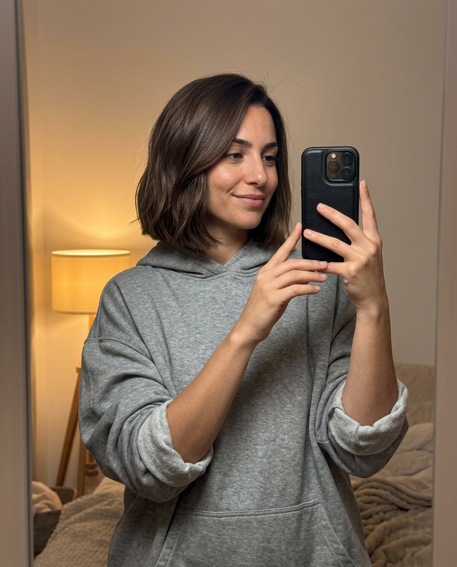 short bob wavy haircut in linen brown with subtle lowlights and blunt perimeter — chic date night look