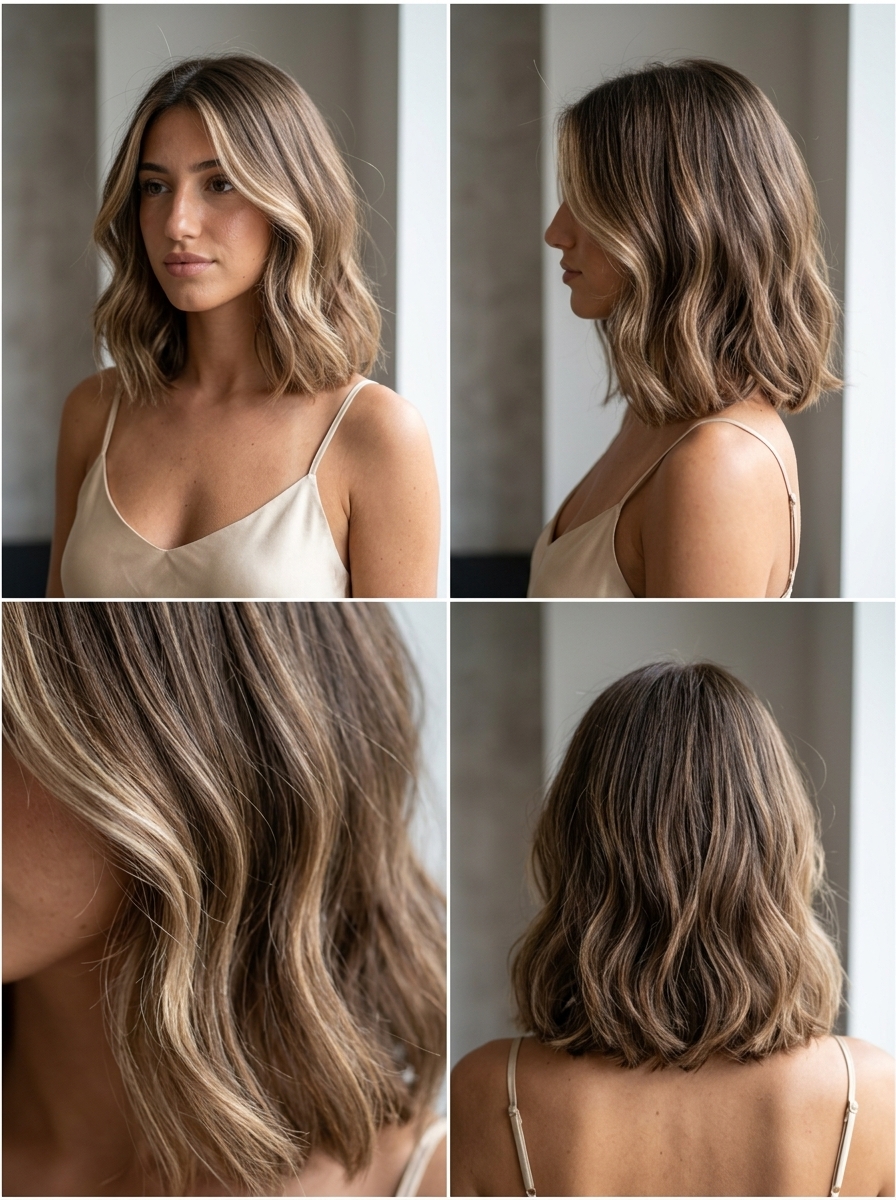shoulder-length wavy midi haircut in linen brown with beige balayage and seamless layers for daily wear