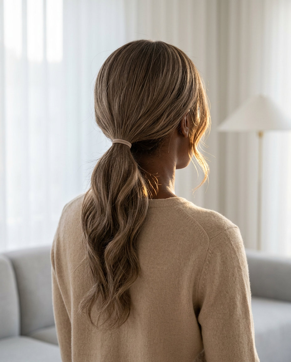 medium-long layered cool linen brunette ponytail with natural waves for summer 2026